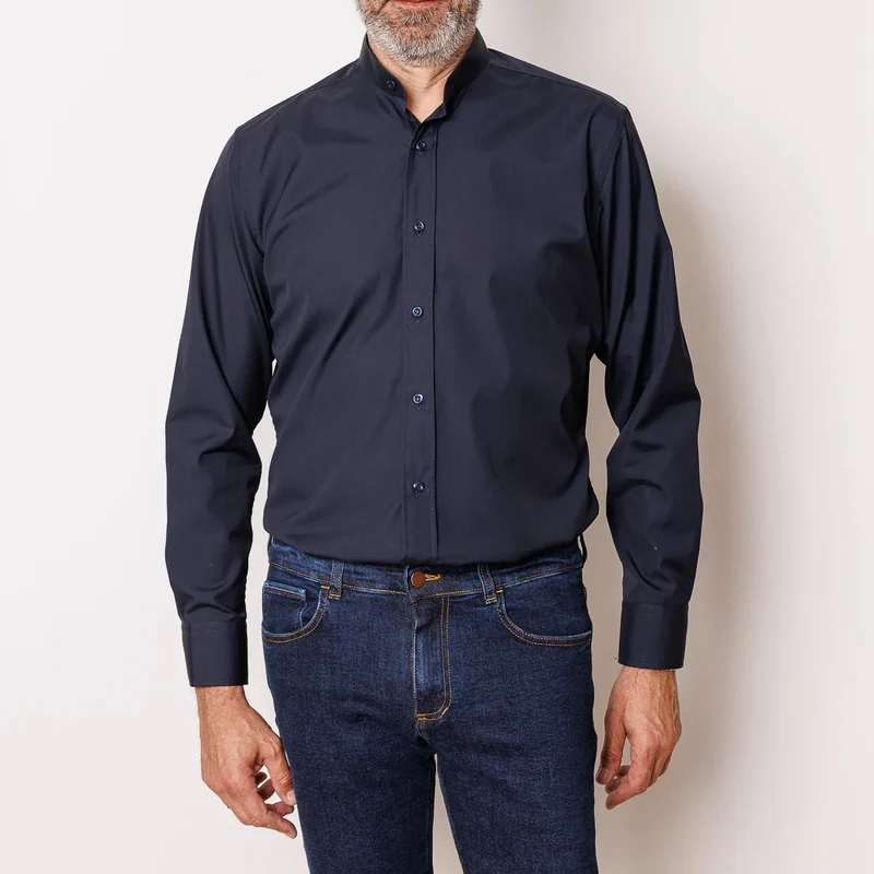 Chemise coupe ajustée col mao coton Marine