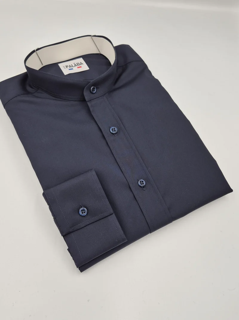 Chemise coupe ajustée col mao coton Marine