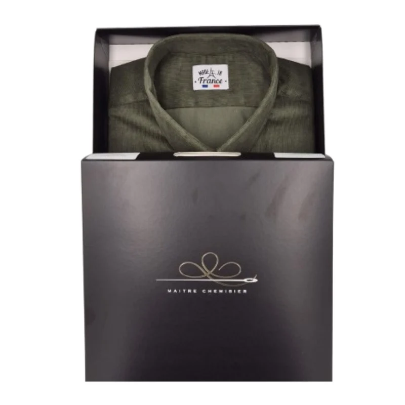 Chemise micro velours coupe ajustée mini col Kaki