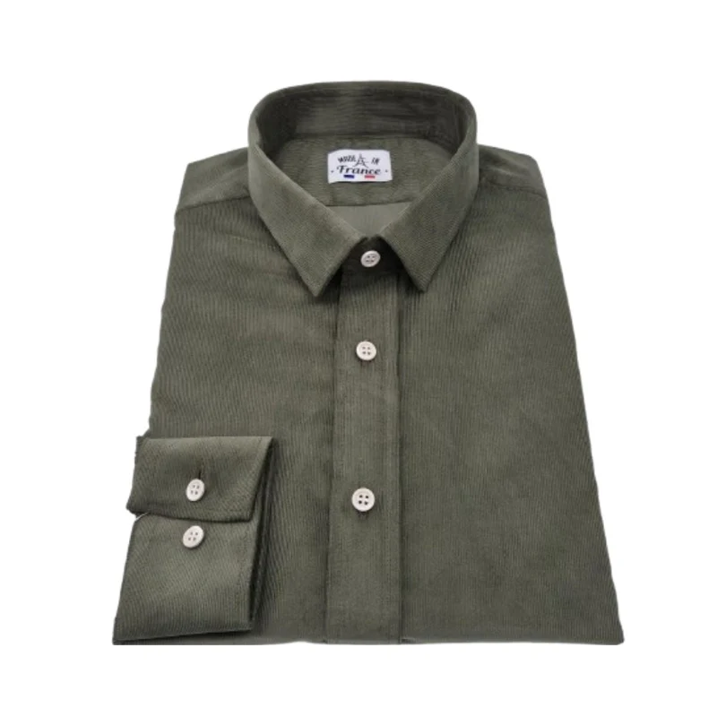 Chemise micro velours coupe ajustée mini col Kaki