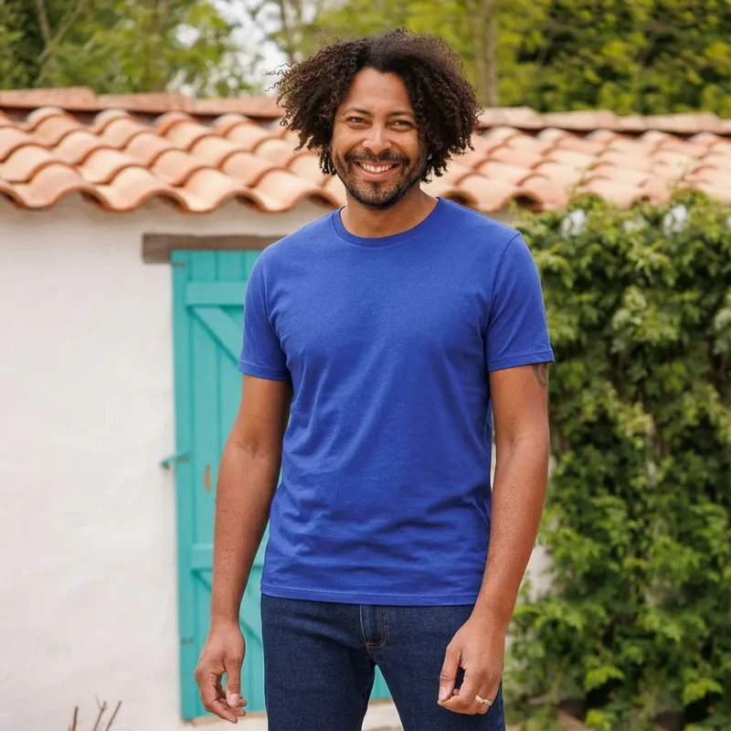 T shirt bleu coton bio col rond