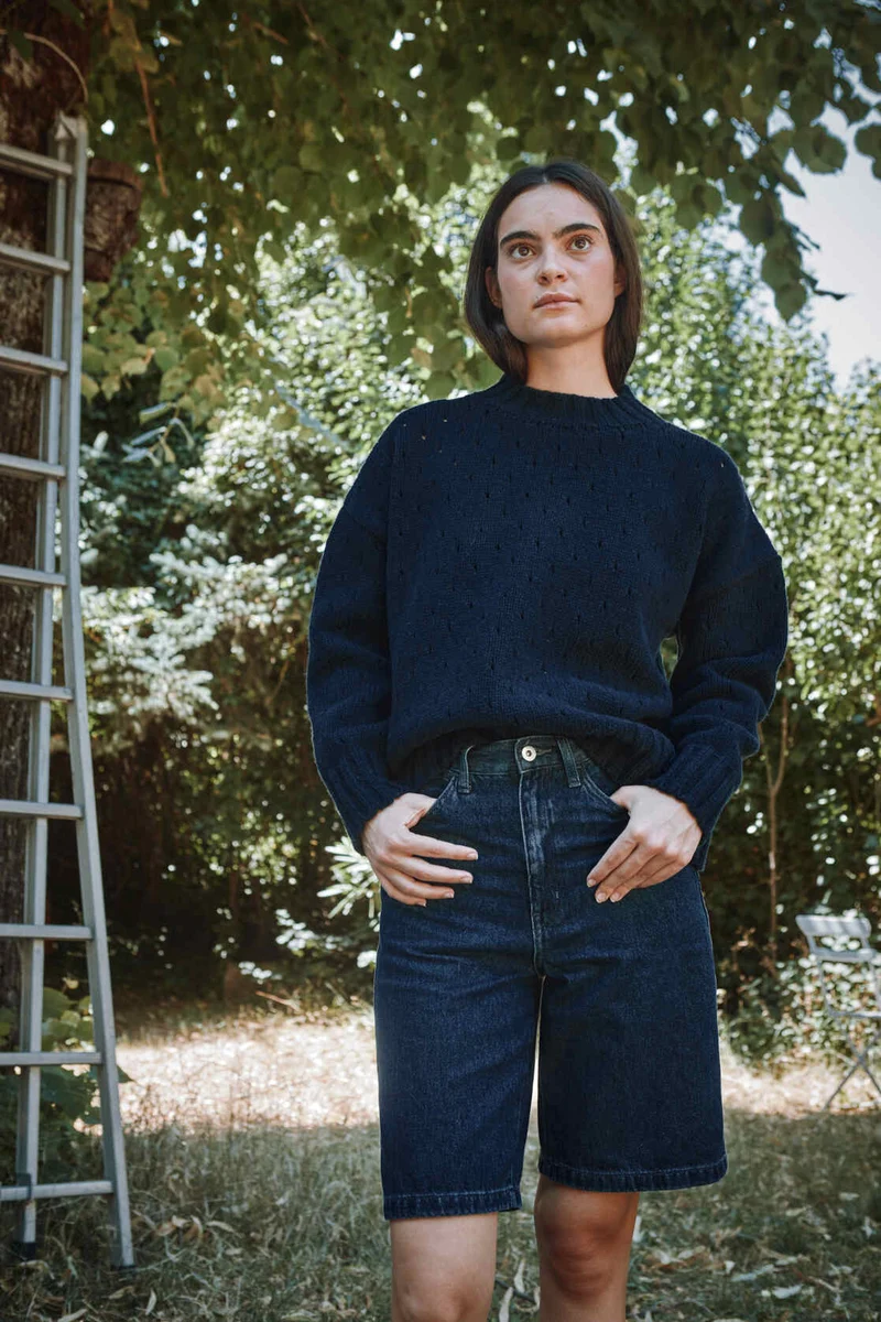 FAUSTINE Open-Weave Sweater in Merino Wool - Navy