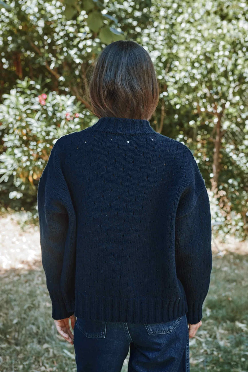 FAUSTINE Open-Weave Sweater in Merino Wool - Navy
