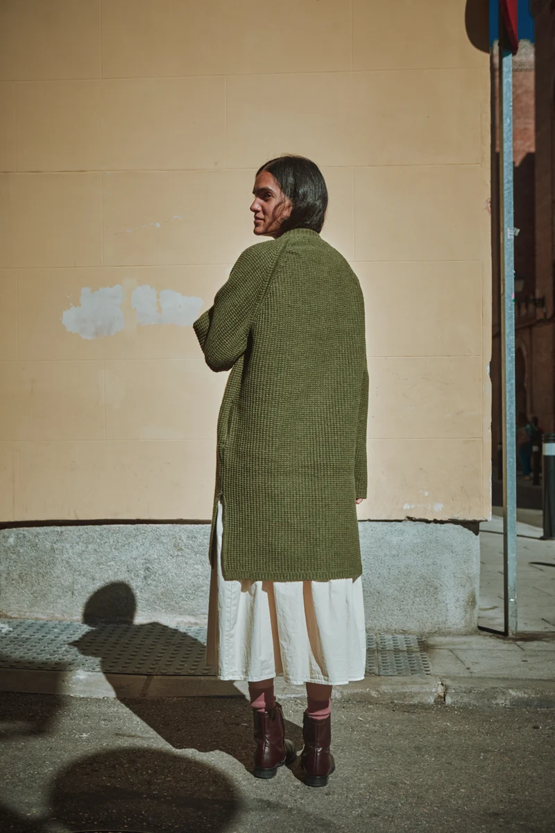 AGATHE Long Knit Jacket in Merino Wool - Olive Green