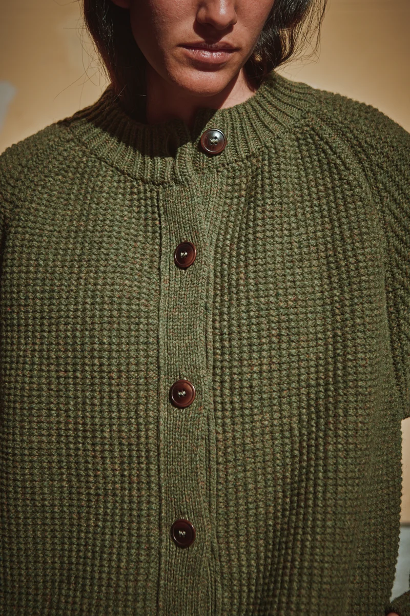 AGATHE Long Knit Jacket in Merino Wool - Olive Green