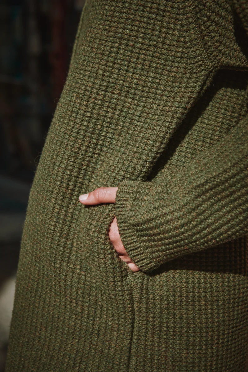 AGATHE Long Knit Jacket in Merino Wool - Olive Green