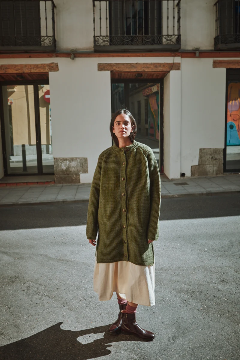 AGATHE Long Knit Jacket in Merino Wool - Olive Green