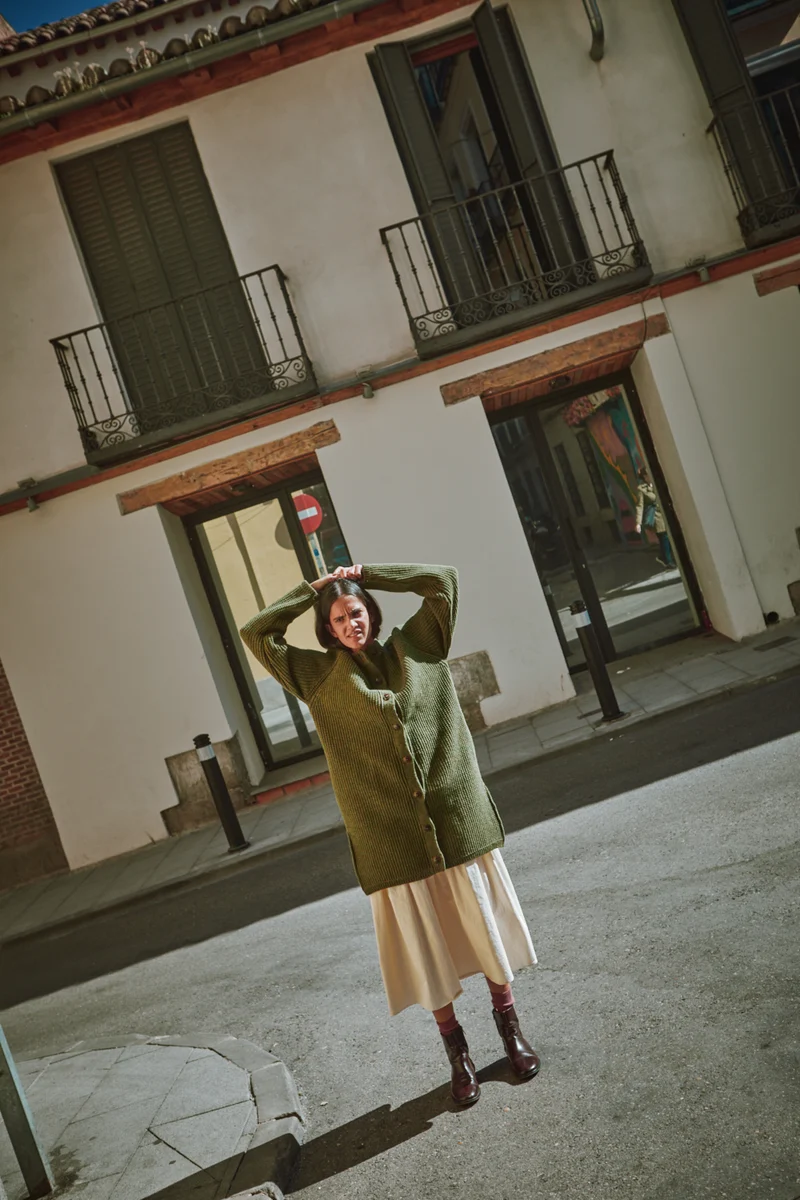 AGATHE Long Knit Jacket in Merino Wool - Olive Green