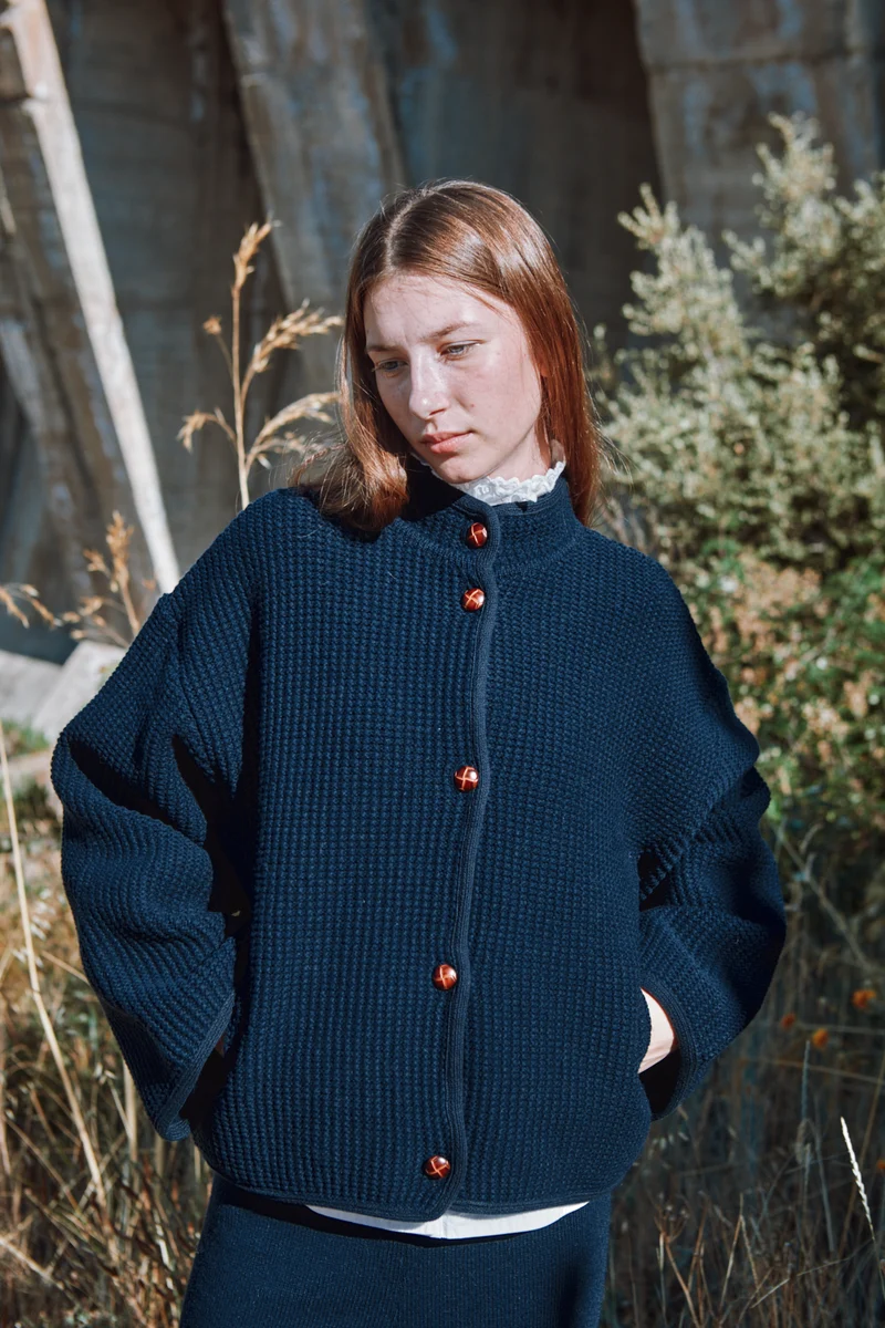 DELPHINE Bell-Sleeve Knit Jacket in Merino Wool - Navy