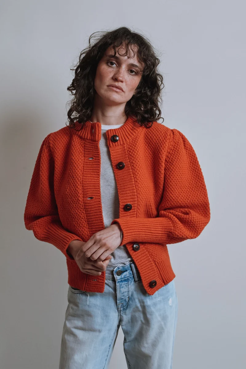 ANAIS Puff Sleeve Cardigan in Merino Wool - Burnt Orange