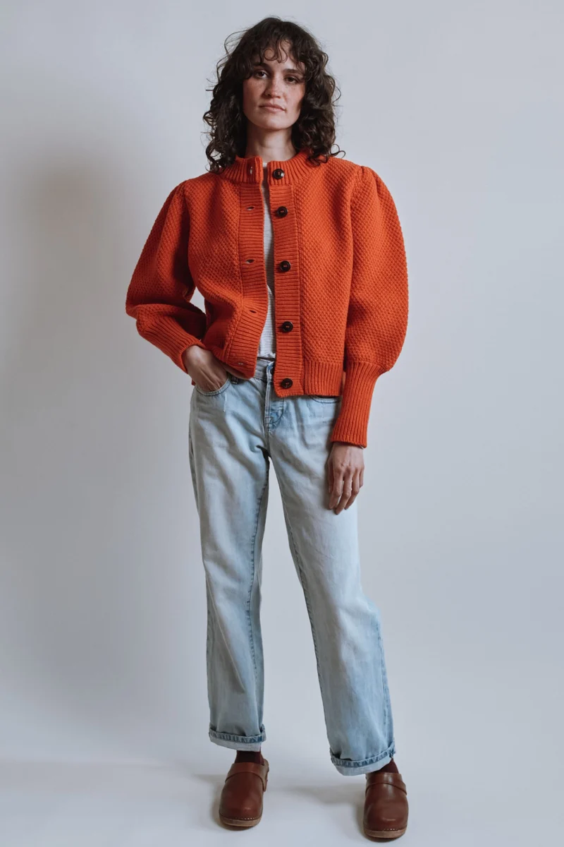 ANAIS Puff Sleeve Cardigan in Merino Wool - Burnt Orange