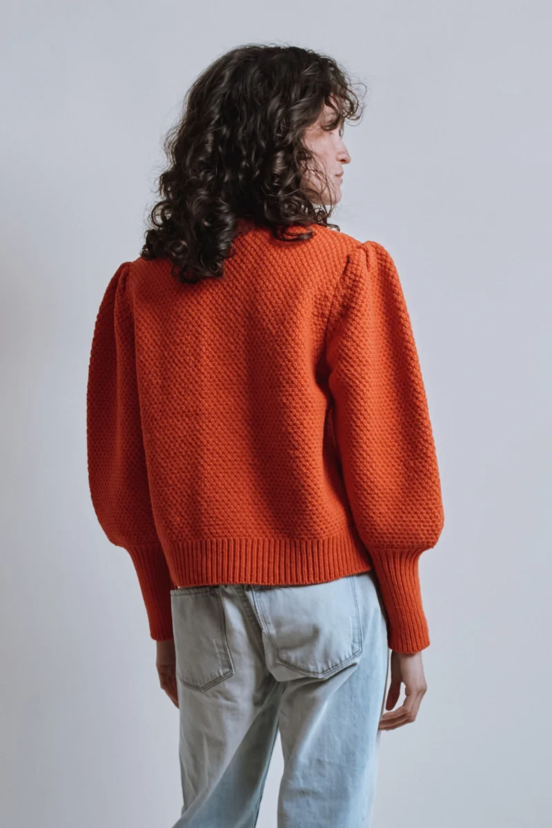 ANAIS Puff Sleeve Cardigan in Merino Wool - Burnt Orange