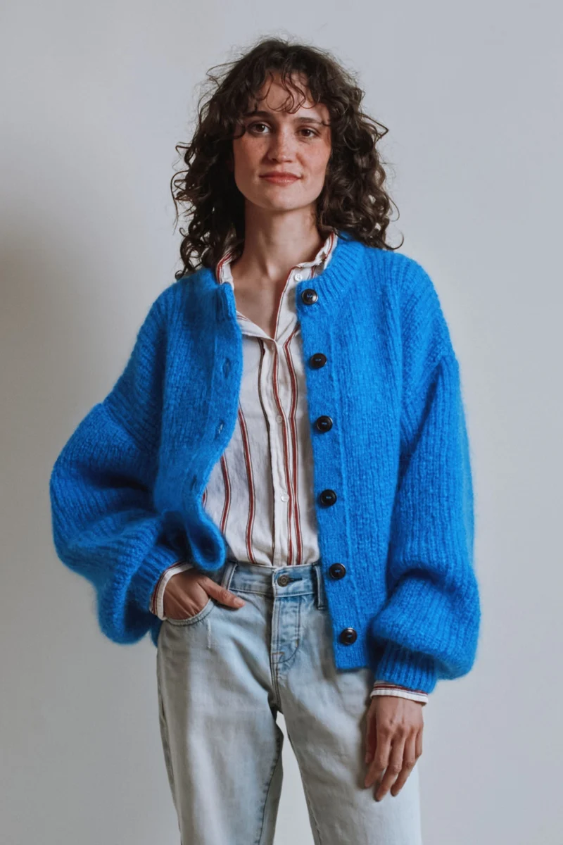 DIANA Balloon-Sleeve Cardigan in Mohair Wool - Cobalt Blue