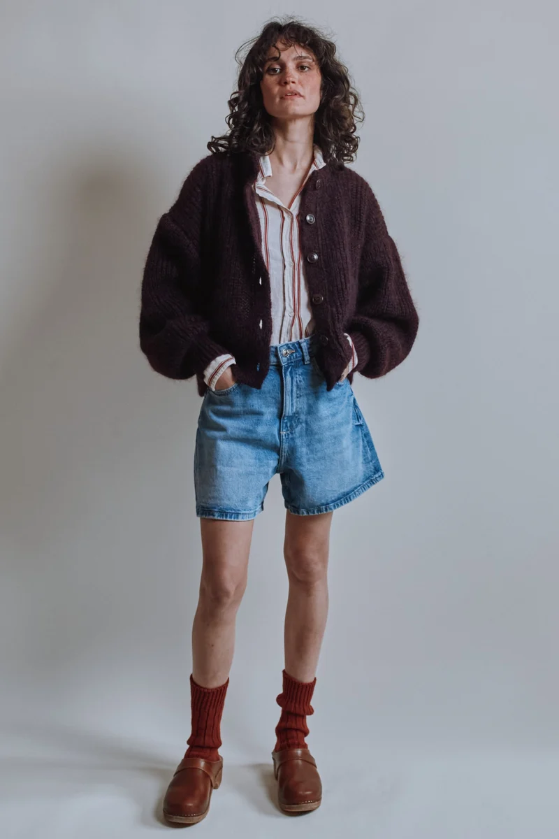 DIANA Balloon-Sleeve Cardigan in Mohair Wool - Plum