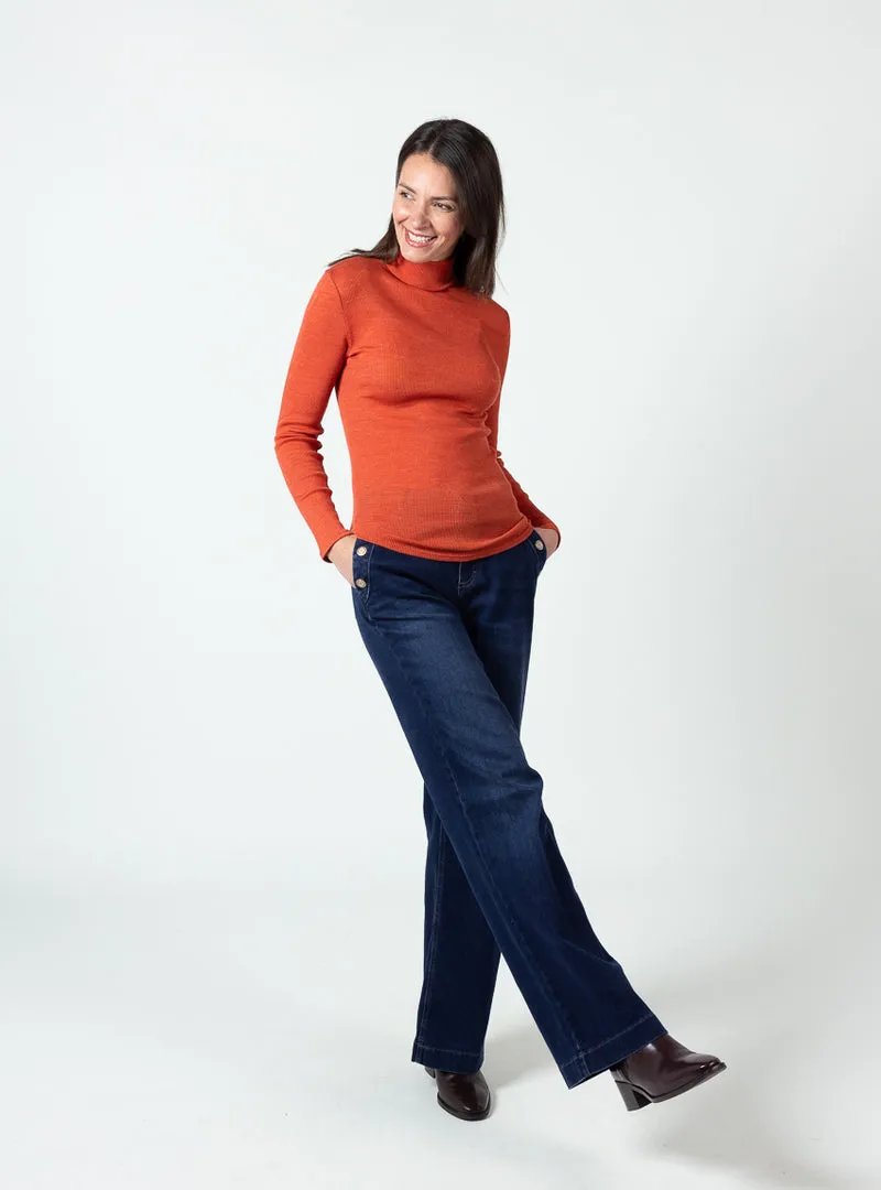 Pull chaussette femme col roulé laine mérinos et soie orange