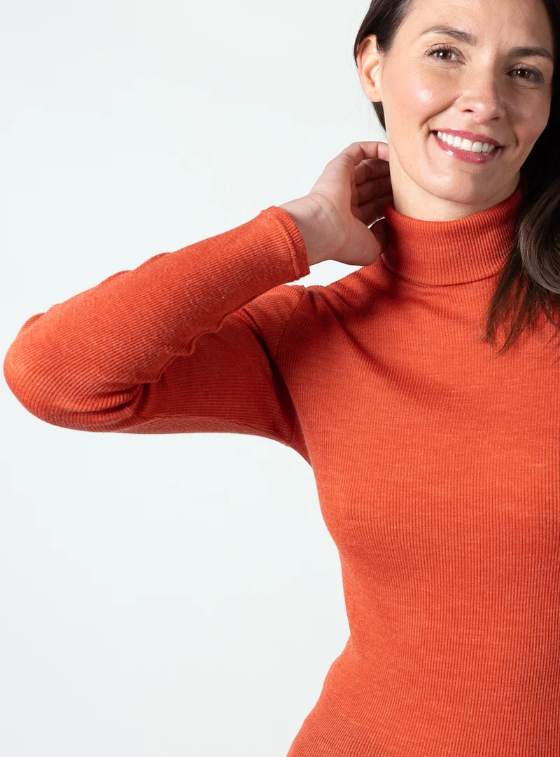 Pull chaussette femme col roulé laine mérinos et soie orange