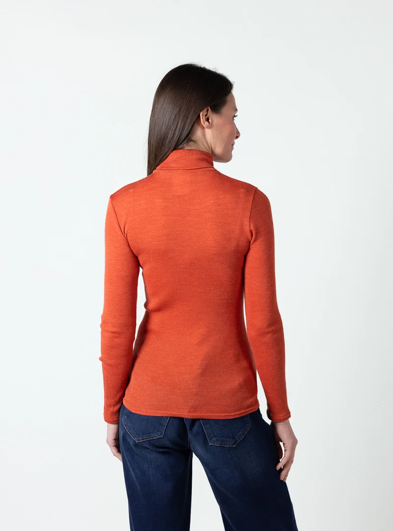 Pull chaussette femme col roulé laine mérinos et soie orange