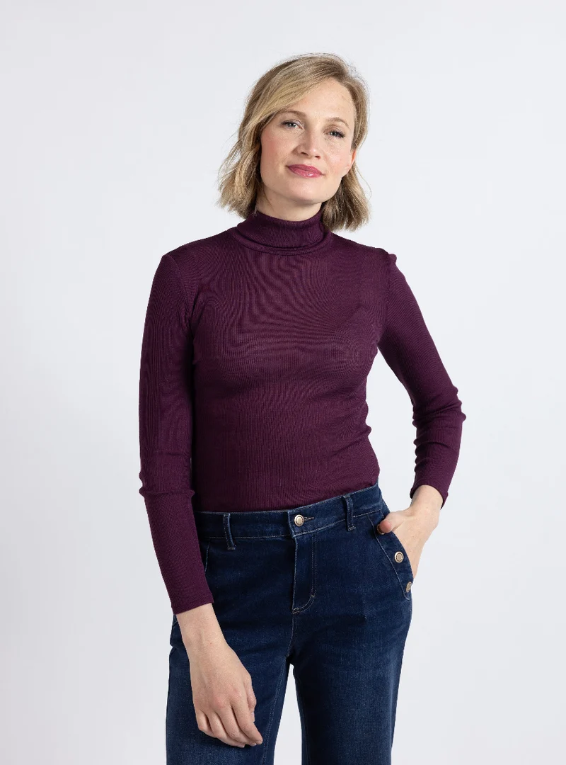 Pull chaussette femme col roulé laine mérinos et soie rose prune