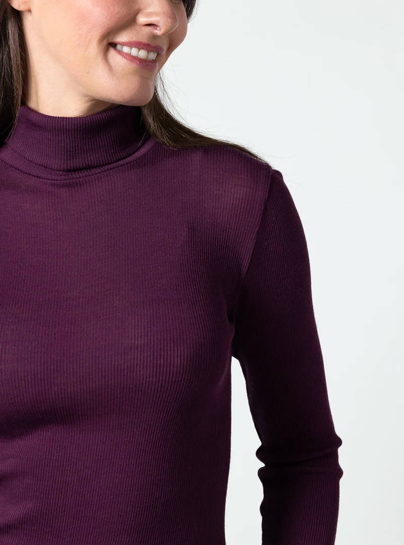 Pull chaussette femme col roulé laine mérinos et soie rose prune