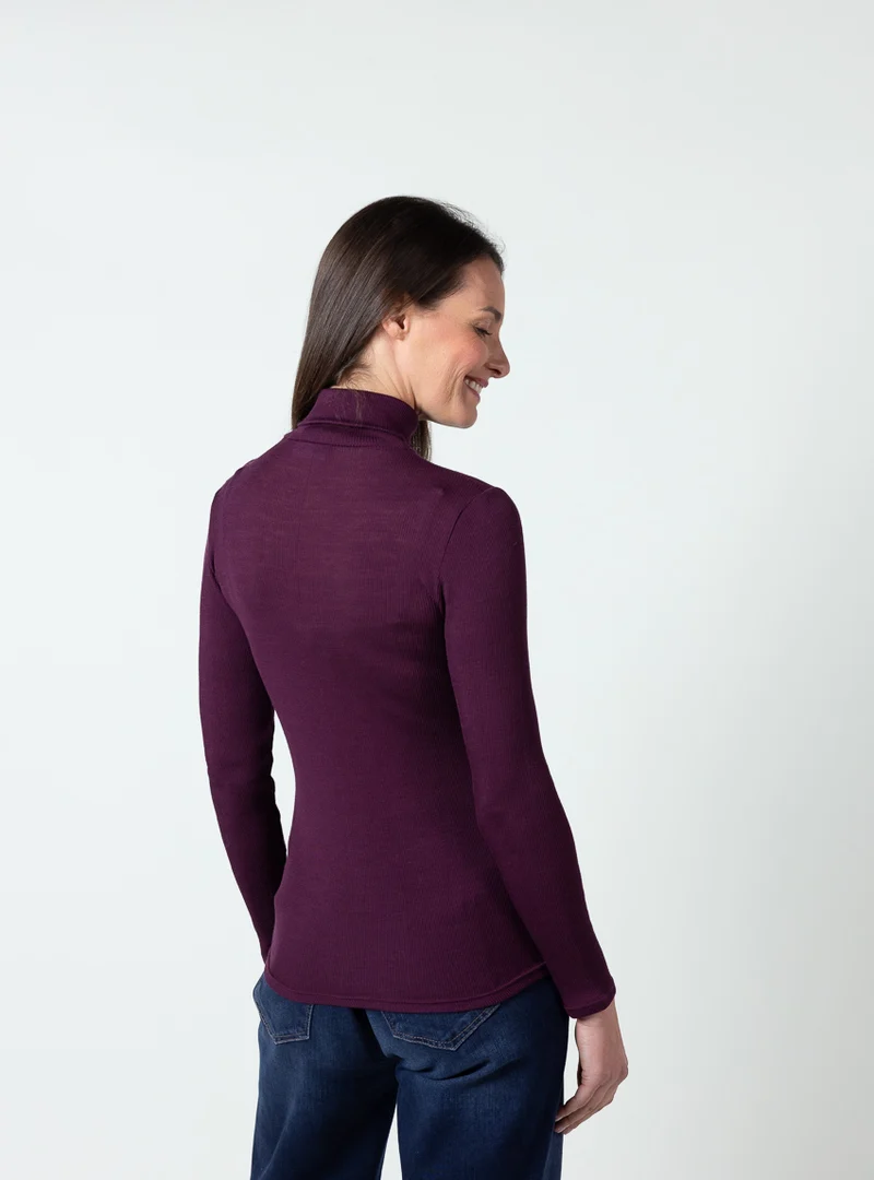 Pull chaussette femme col roulé laine mérinos et soie rose prune