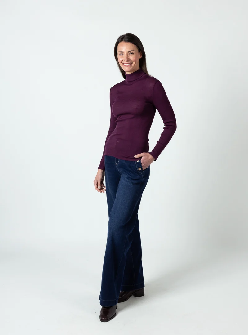 Pull chaussette femme col roulé laine mérinos et soie rose prune