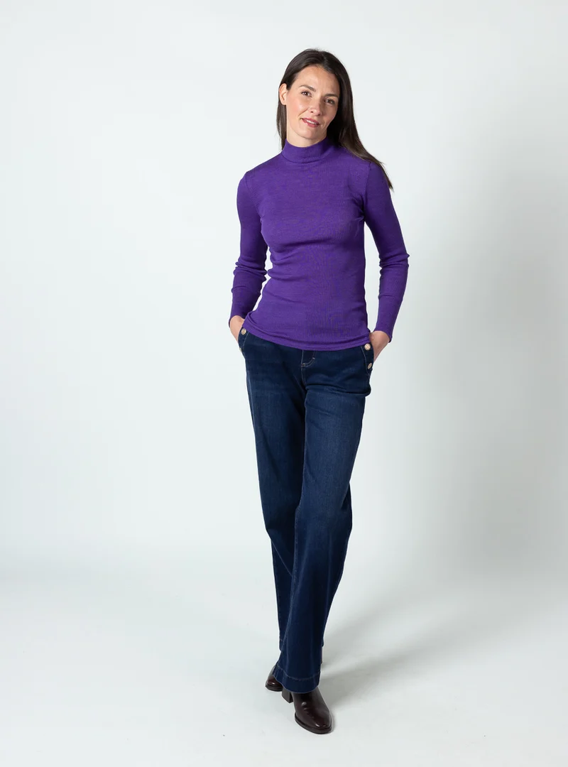 Pull femme col cheminée laine mérinos et soie violet foncé