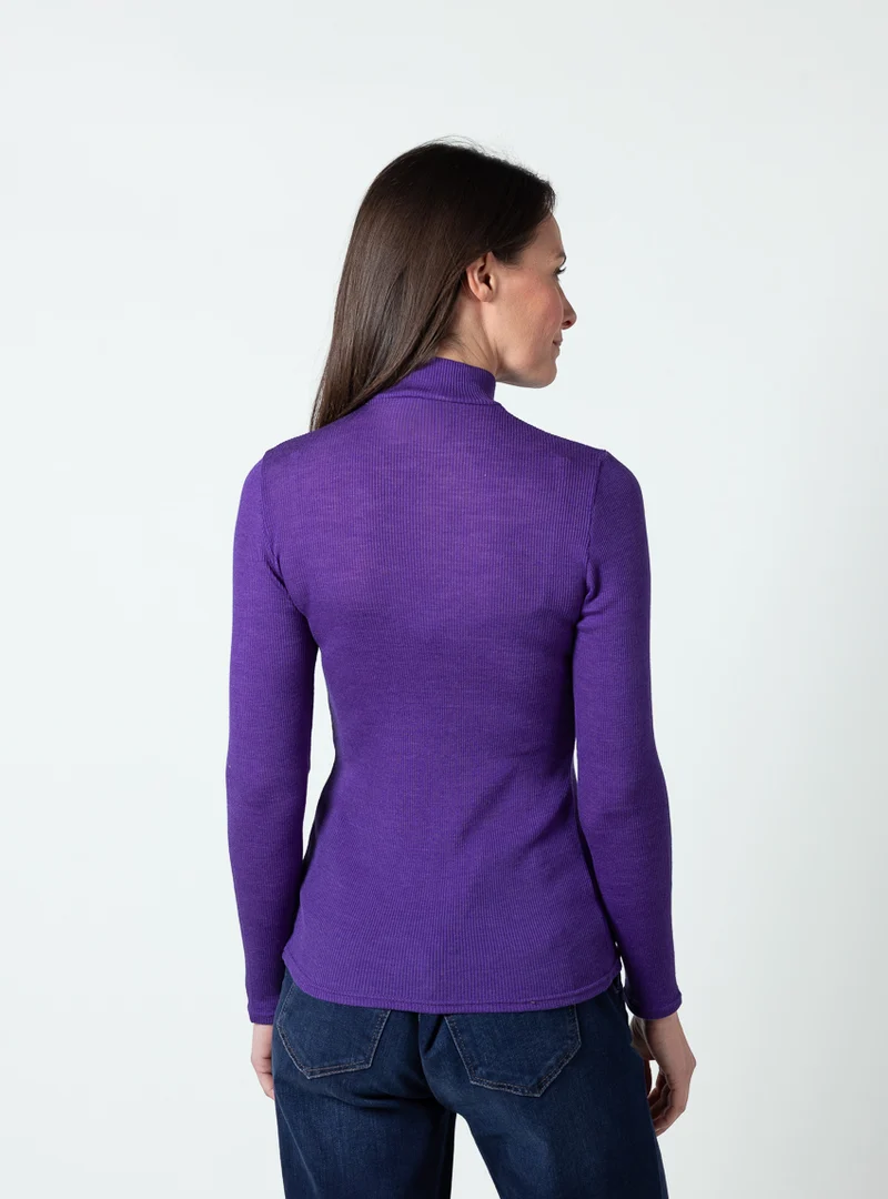 Pull femme col cheminée laine mérinos et soie violet foncé