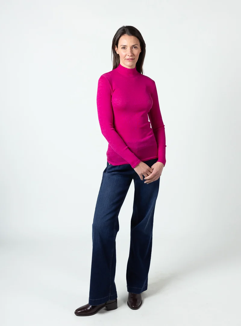 Pull femme col cheminée laine mérinos et soie rose framboise