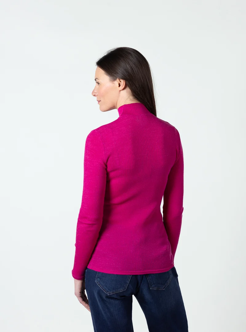 Pull femme col cheminée laine mérinos et soie rose framboise