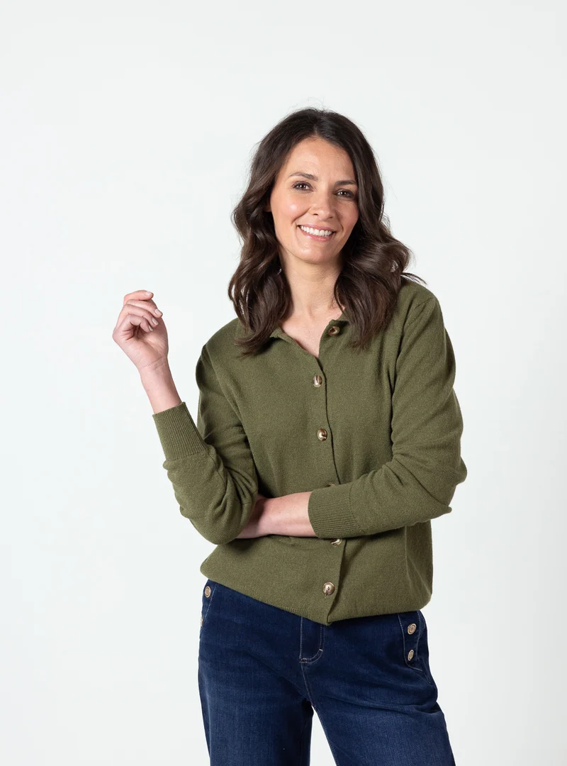 Cardigan femme en laine et cachemire vert kaki clair