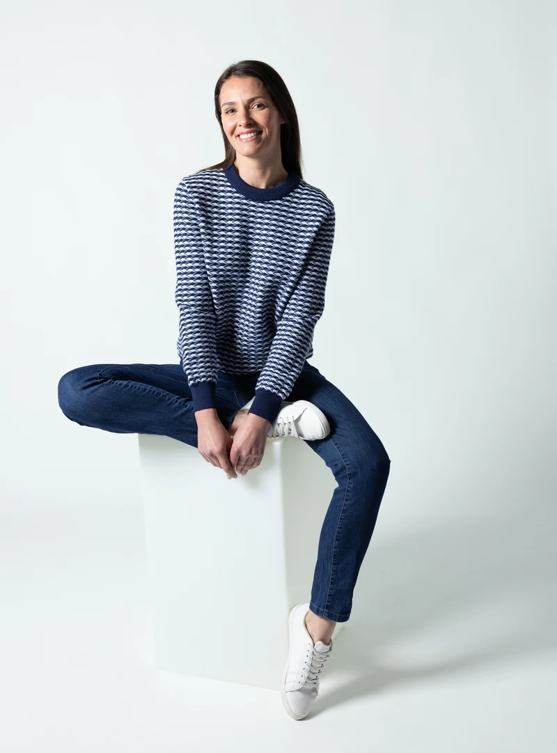 Pull femme en laine fine mérinos Jacquard bleu