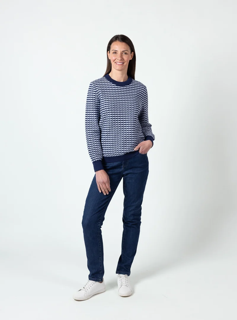 Pull femme en laine fine mérinos Jacquard bleu