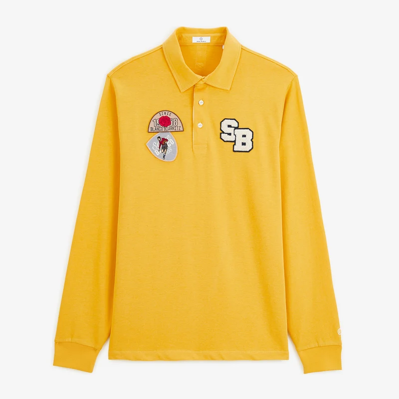 Polo rugby manches longues badges brodés coton jaune moutarde
