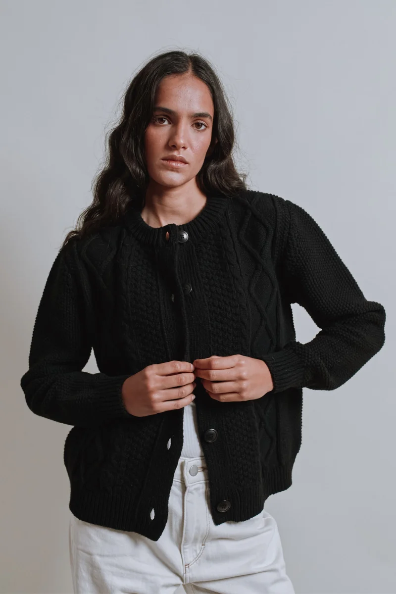 SONIA Cable Cardigan in Merino Wool - Black