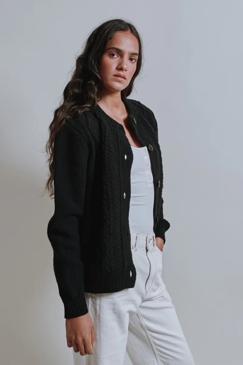 SONIA Cable Cardigan in Merino Wool - Black