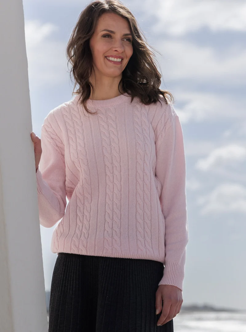 Pull femme col rond laine merinos rose romantique