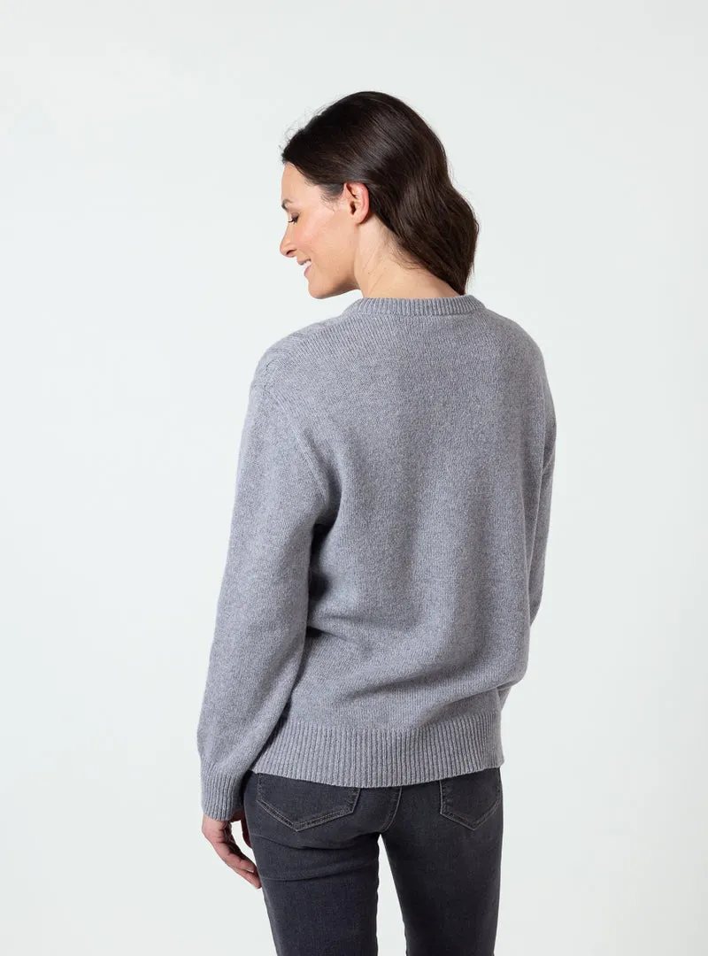 Pull femme col rond laine merinos gris douceur