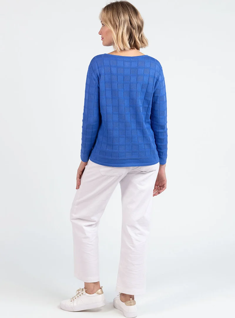 Pull femme ajouré en coton bleu atlantique