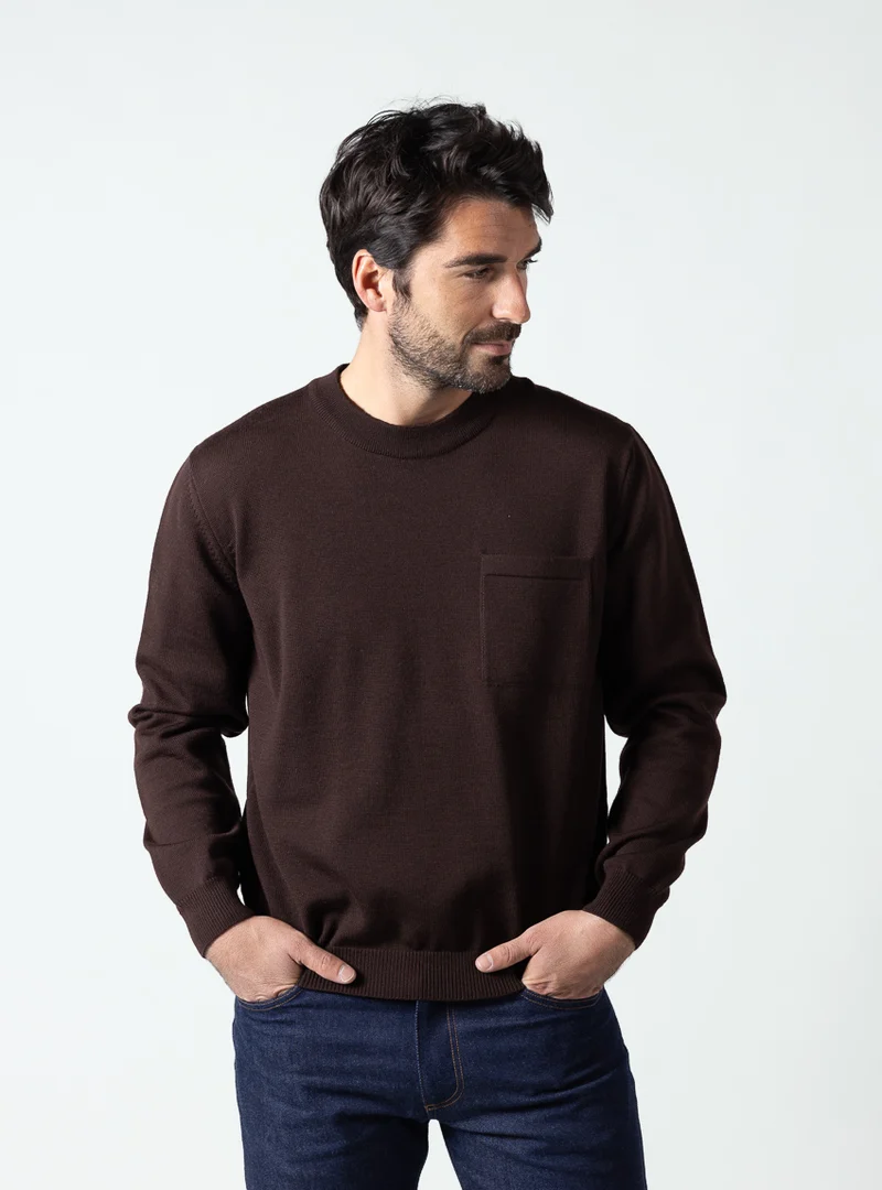 Pull homme col rond en laine merinos marron chocolat