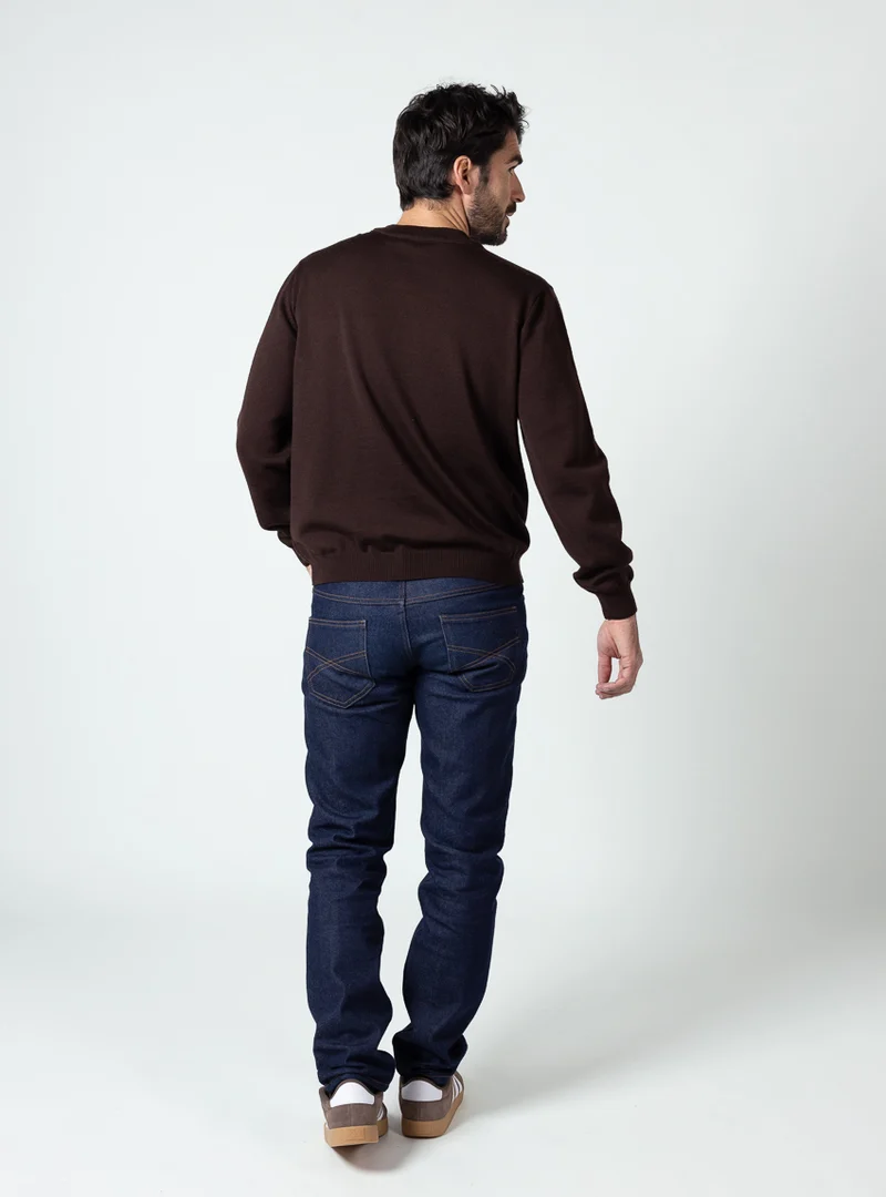 Pull homme col rond en laine merinos marron chocolat