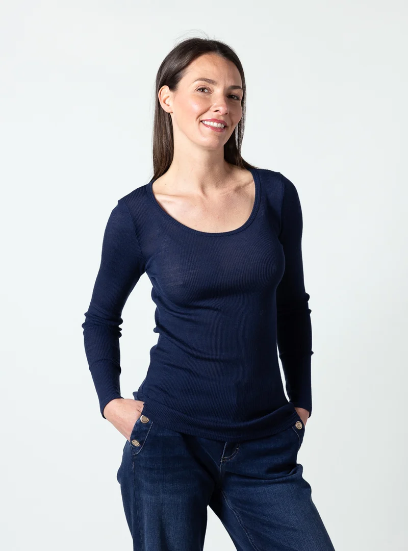 Tee-shirt manches longues femme laine mérinos et soie bleu marine