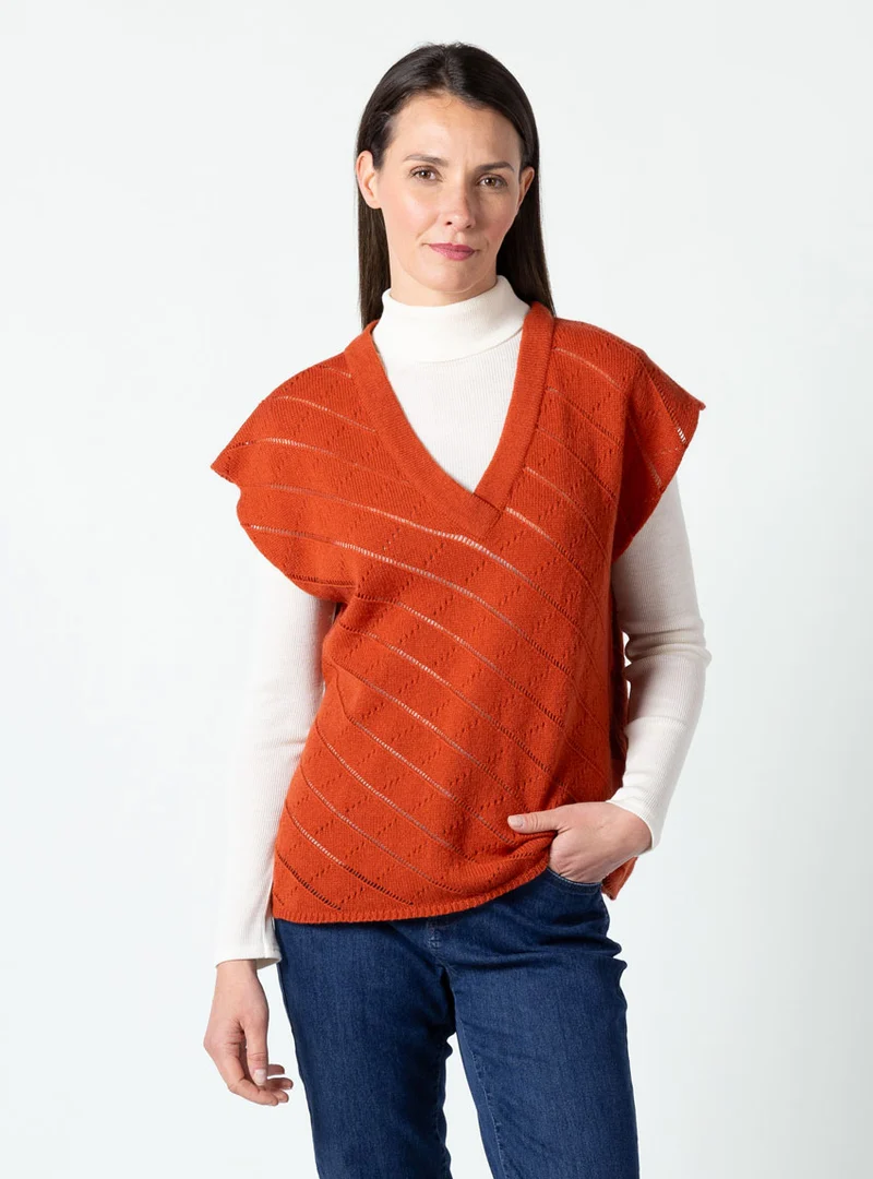 Pull femme sans manches en laine extrafine mérinos orange brûlé