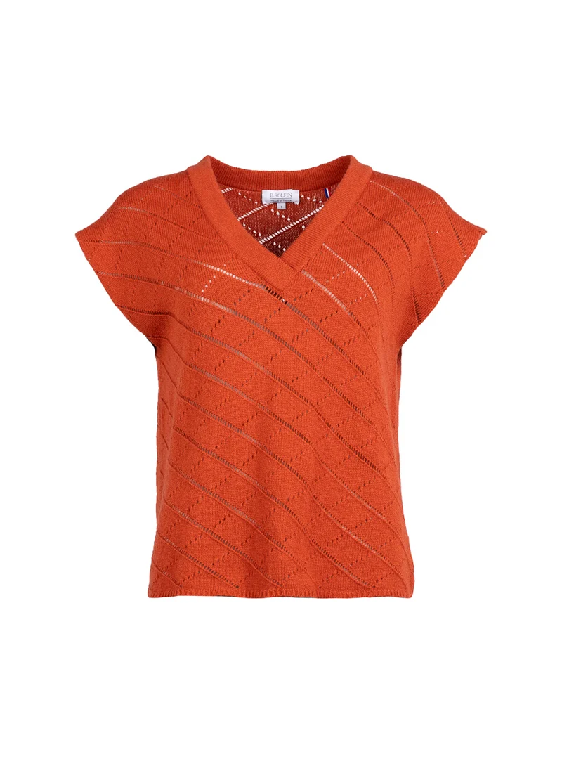 Pull femme sans manches en laine extrafine mérinos orange brûlé