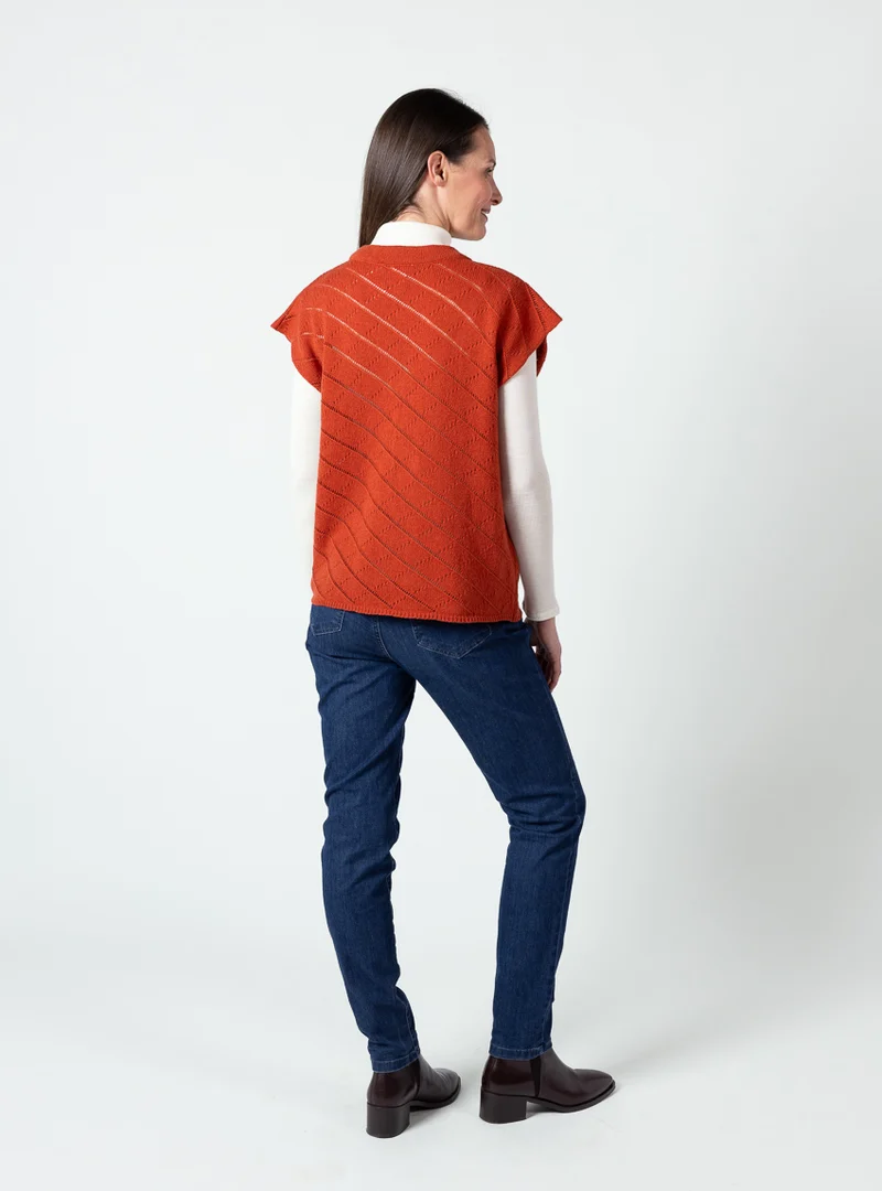 Pull femme sans manches en laine extrafine mérinos orange brûlé