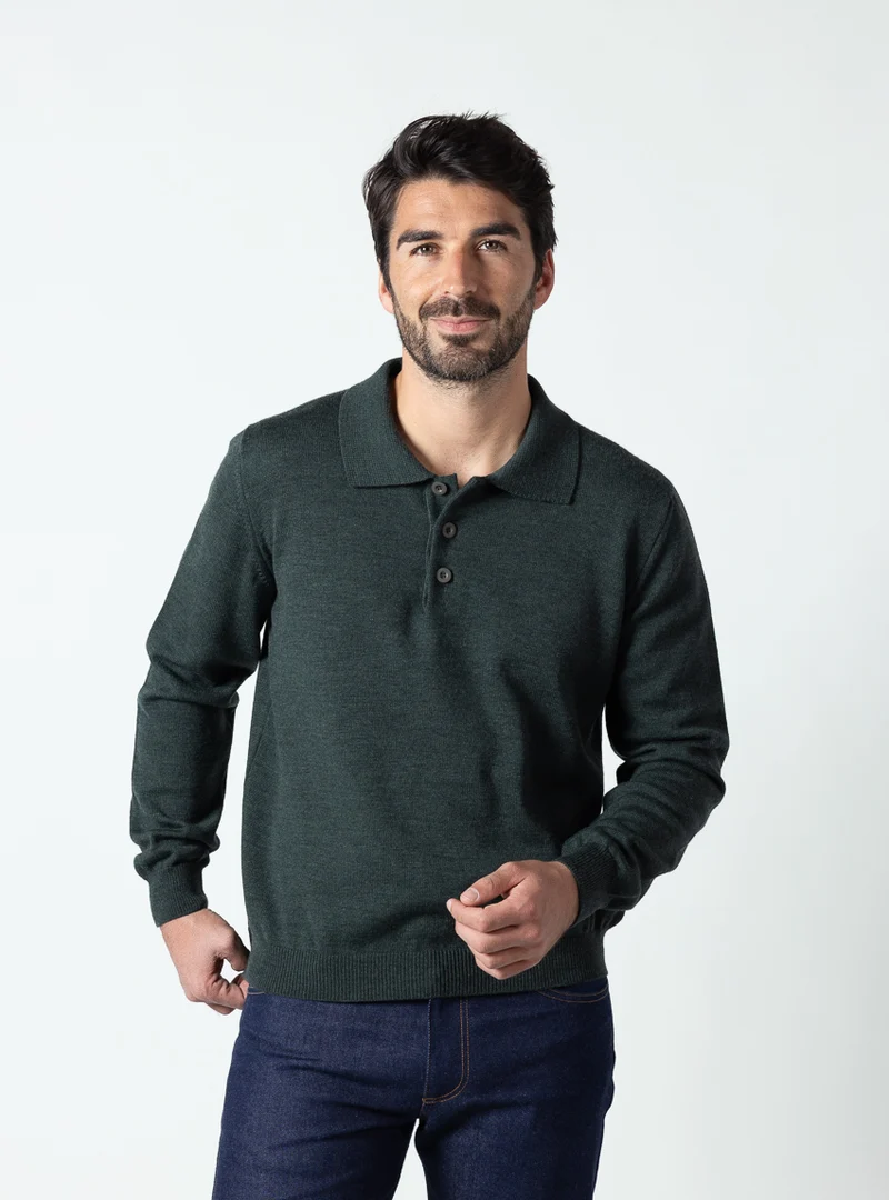 Pull col polo homme en laine merinos vert chiné