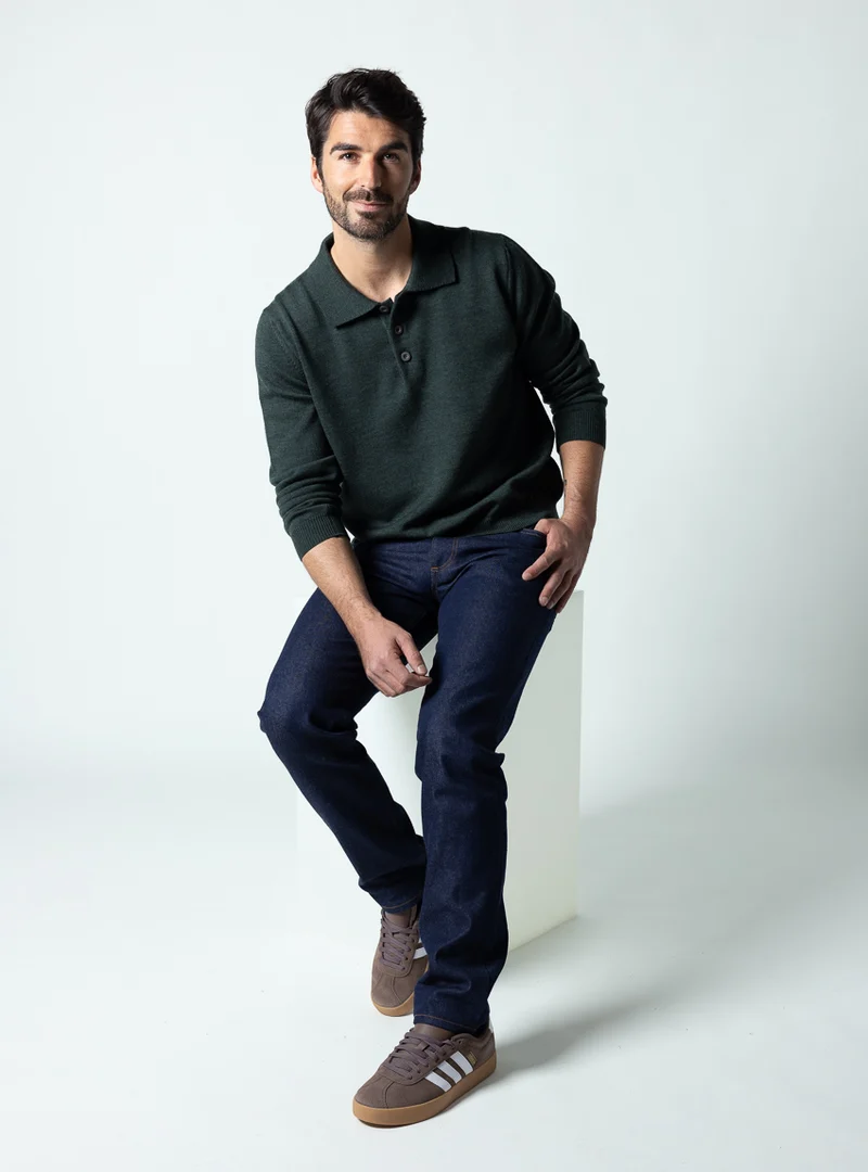 Pull col polo homme en laine merinos vert chiné