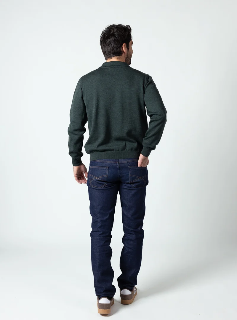 Pull col polo homme en laine merinos vert chiné