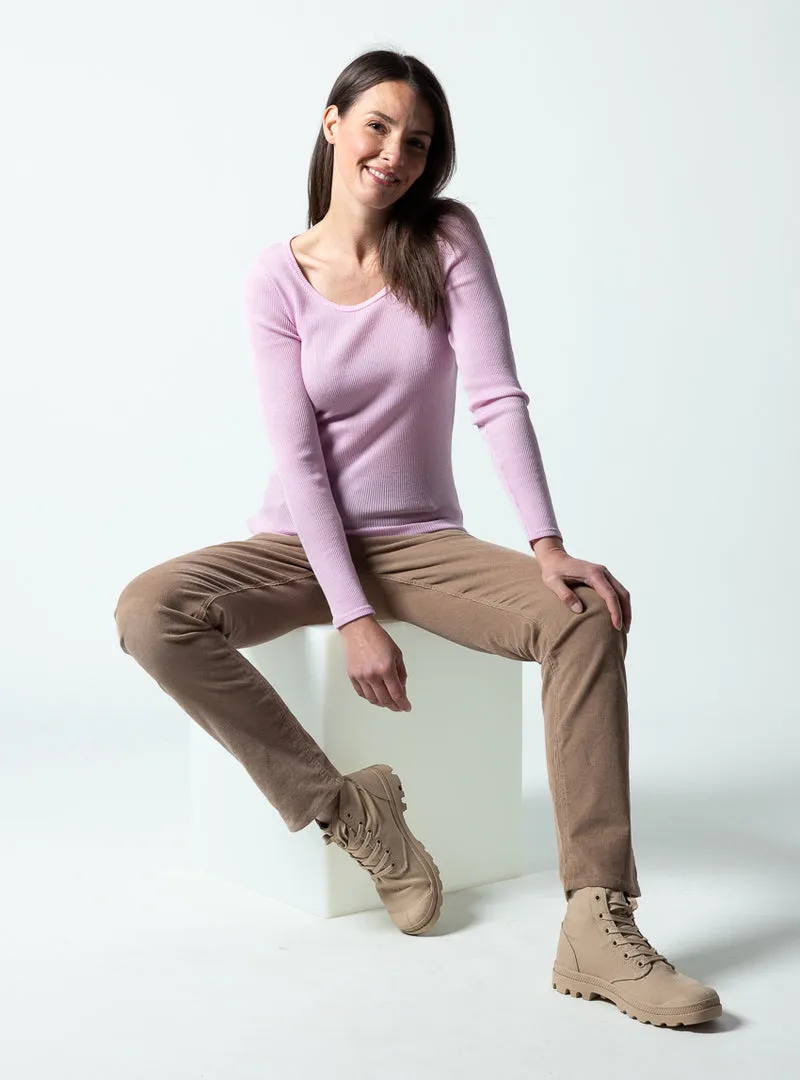 Tee-shirt manches longues femme laine mérinos et soie rose léger