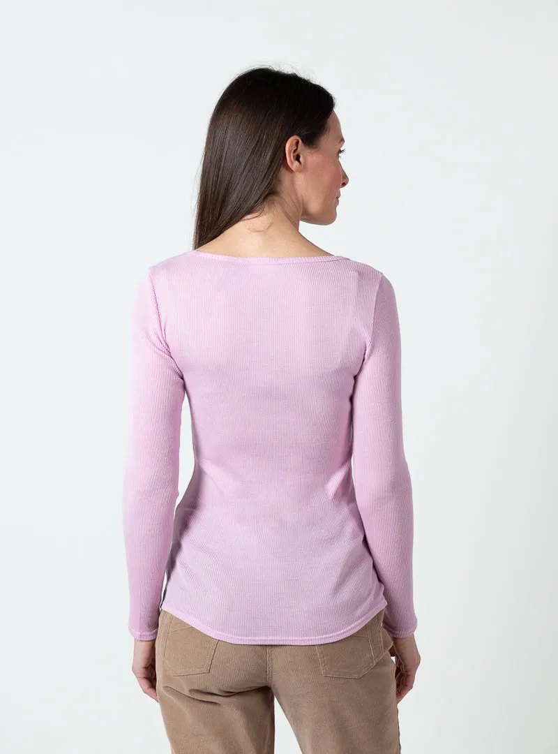 Tee-shirt manches longues femme laine mérinos et soie rose léger
