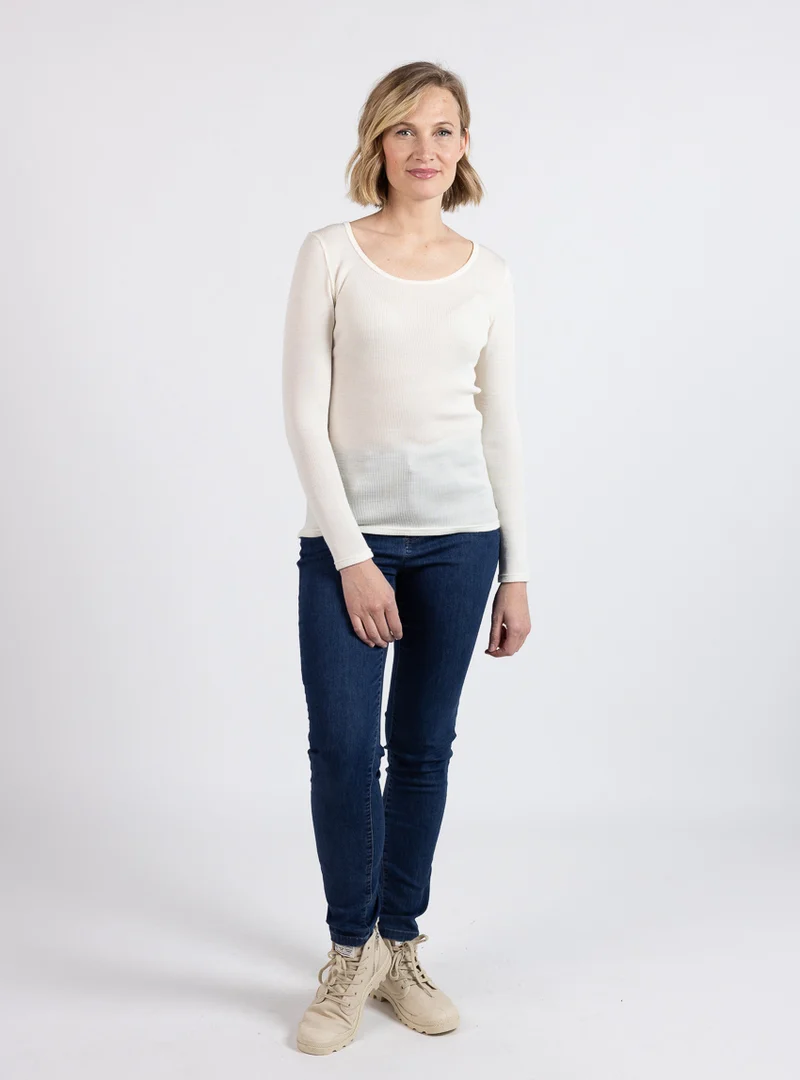 Tee-shirt manches longues femme laine mérinos et soie blanc naturel